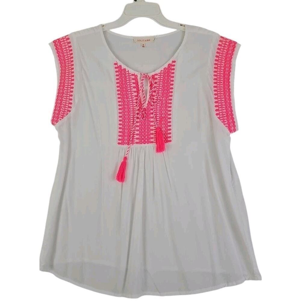 Solitaire ~Woman Size M~ White/Pink Top Sleeveless Embroidered Boho.